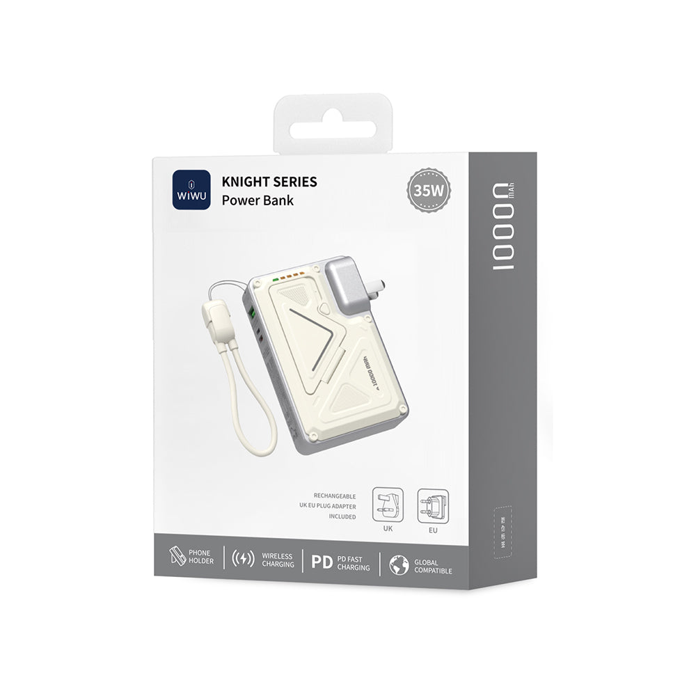 Wiwu Wi-P057 Knight Serisi Taşınabilir Wireless Type-C ve Lightning Kablolu Standlı PD Powerbank 35W 10000mAh Beyaz