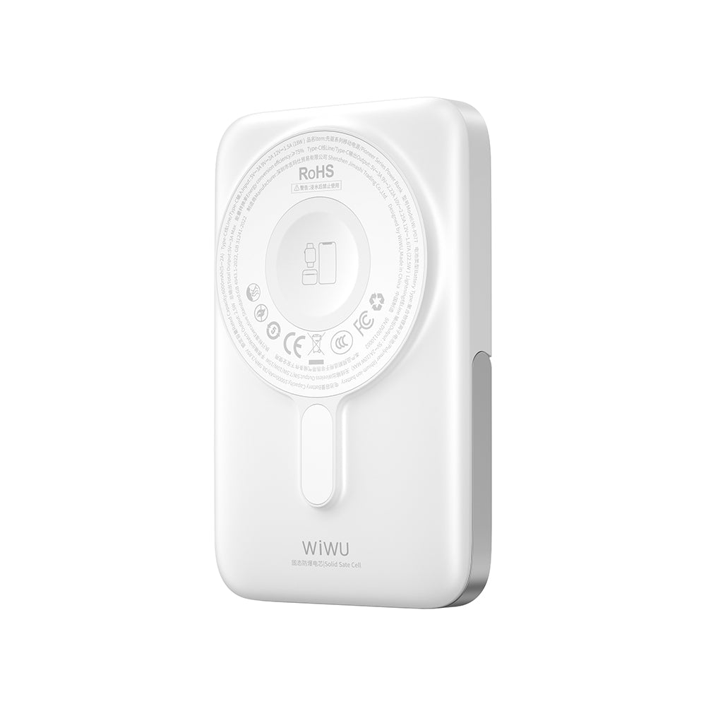 Wiwu Wi-P077 Pionner Serisi Taşınabilir Wireless Şarj ve PD 20W Hızlı Şarj Özellikli Standlı Powerbank 15W 10000mAh Beyaz