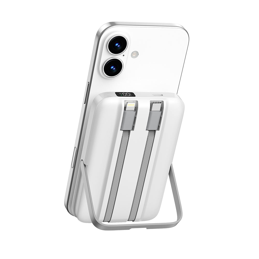 Wiwu Wi-P077 Pionner Serisi Taşınabilir Wireless Şarj ve PD 20W Hızlı Şarj Özellikli Standlı Powerbank 15W 10000mAh Beyaz