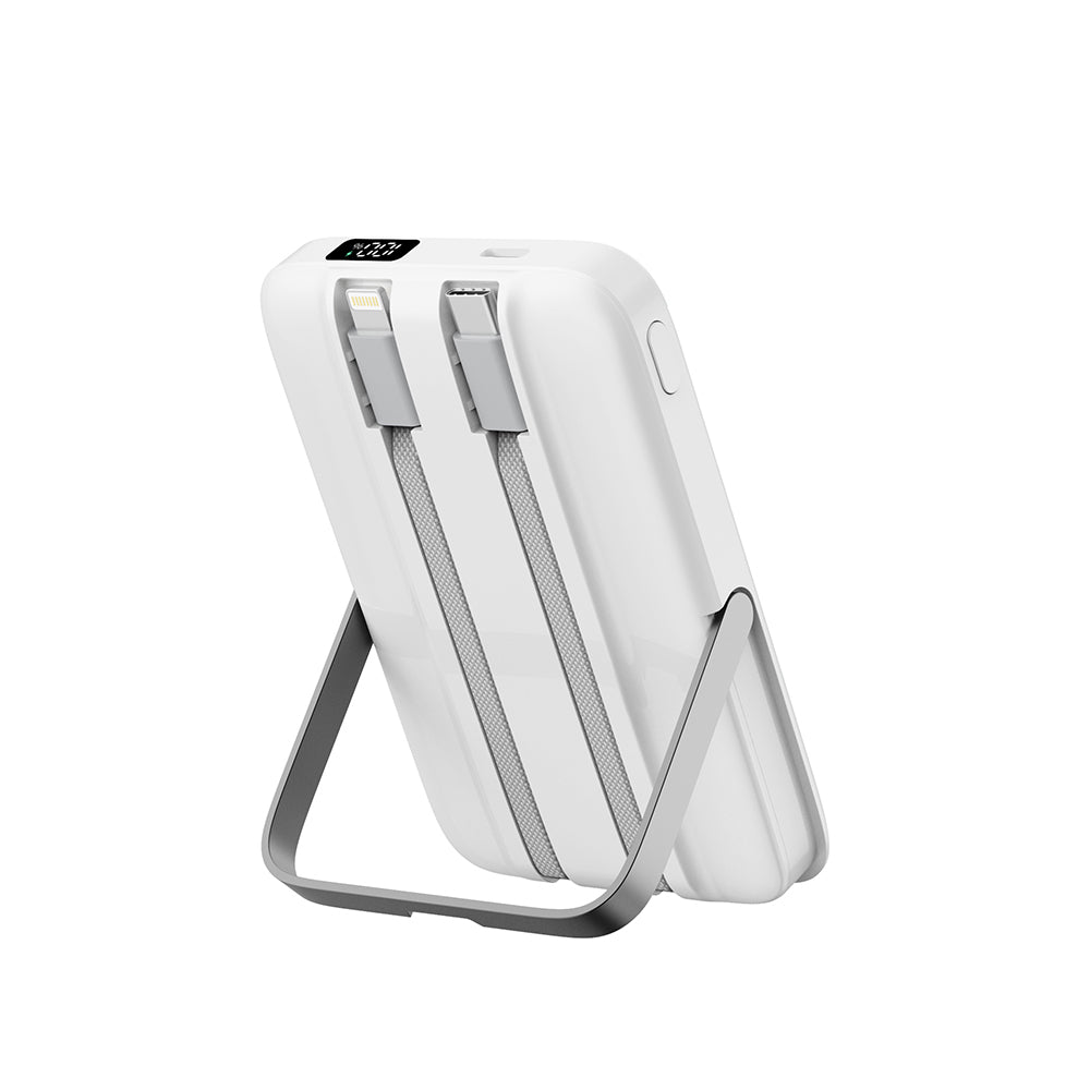 Wiwu Wi-P077 Pionner Serisi Taşınabilir Wireless Şarj ve PD 20W Hızlı Şarj Özellikli Standlı Powerbank 15W 10000mAh Beyaz