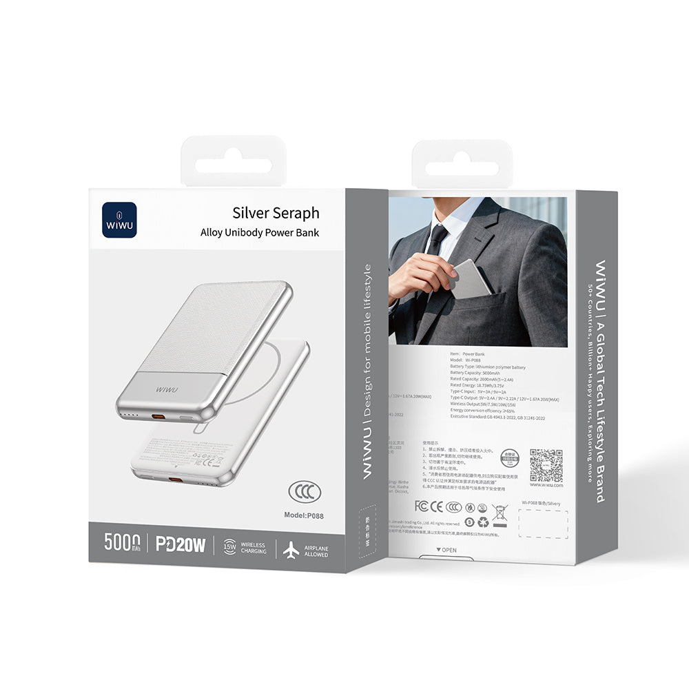 Wiwu Wi-P088 LED Işık Göstergeli PD 20W Kablosuz Powerbank 5000mAh 15W Gümüş