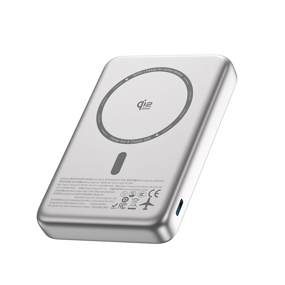 Wiwu Wi-P090 Mag Pro Serisi Qi2 Şarj Teknolojili Standlı 45W Taşınabilir M-safe Wireless Powerbank 10.000mAh Gümüş