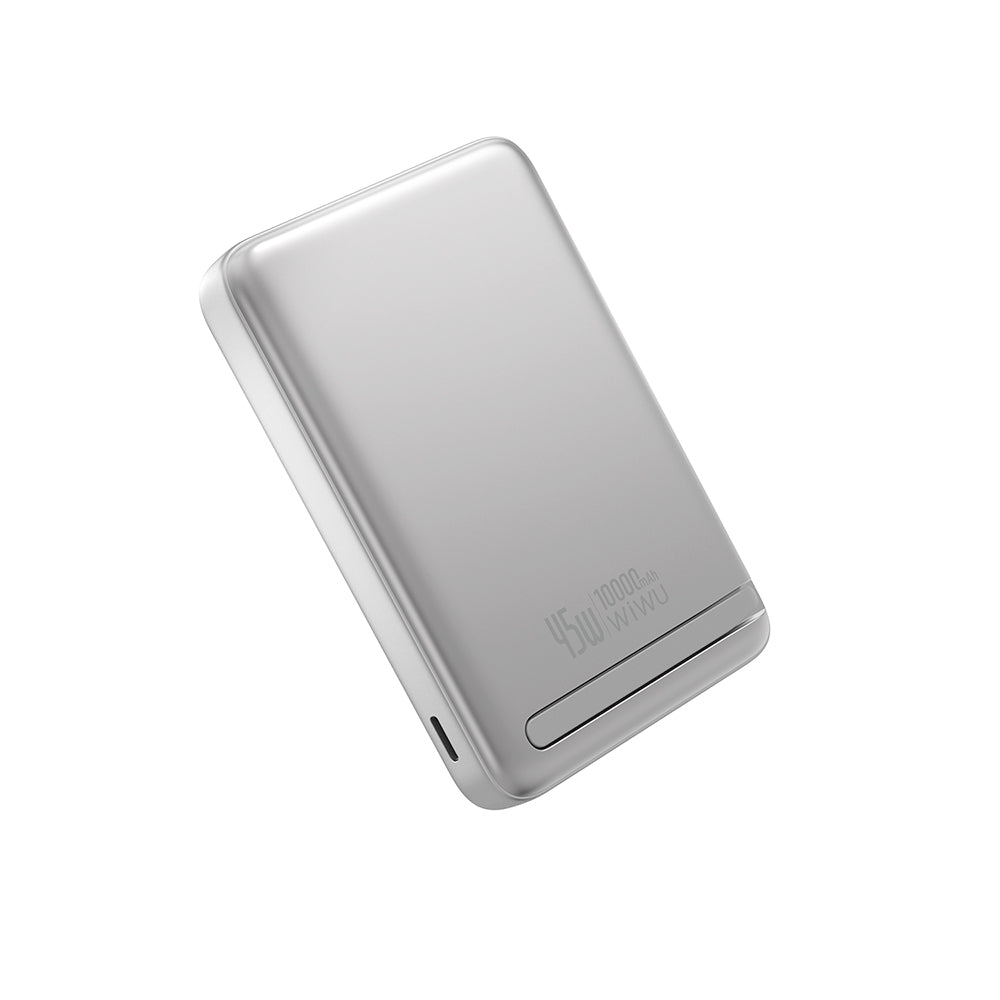 Wiwu Wi-P090 Mag Pro Serisi Qi2 Şarj Teknolojili Standlı 45W Taşınabilir M-safe Wireless Powerbank 10.000mAh Gümüş