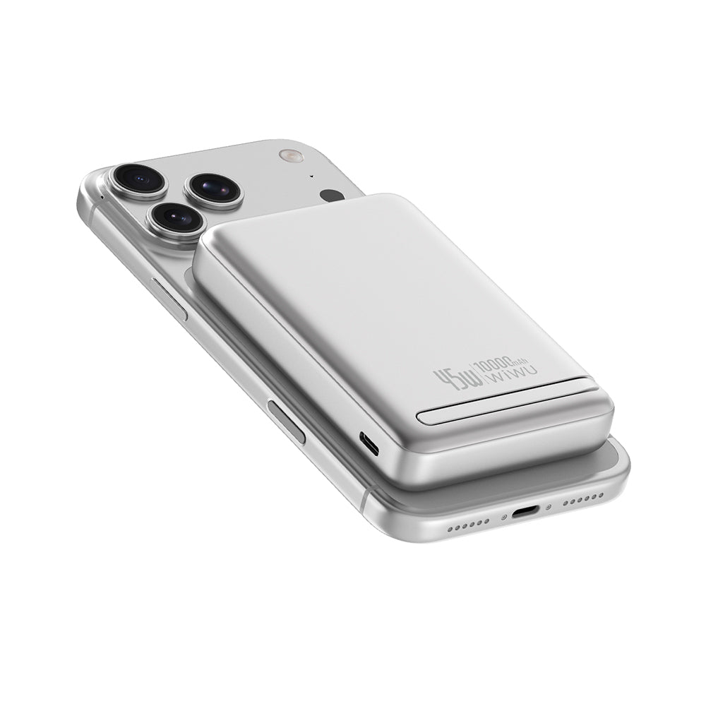 Wiwu Wi-P090 Mag Pro Serisi Qi2 Şarj Teknolojili Standlı 45W Taşınabilir M-safe Wireless Powerbank 10.000mAh Gümüş