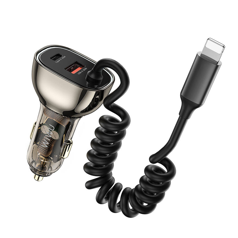 Wiwu Wi-QC019 Geek Serisi Type-C + Lightning Kablolu + USB-A Hızlı Şarj Özellikli Transparan Tasarımlı Araç Şarj Aleti 90W Siyah