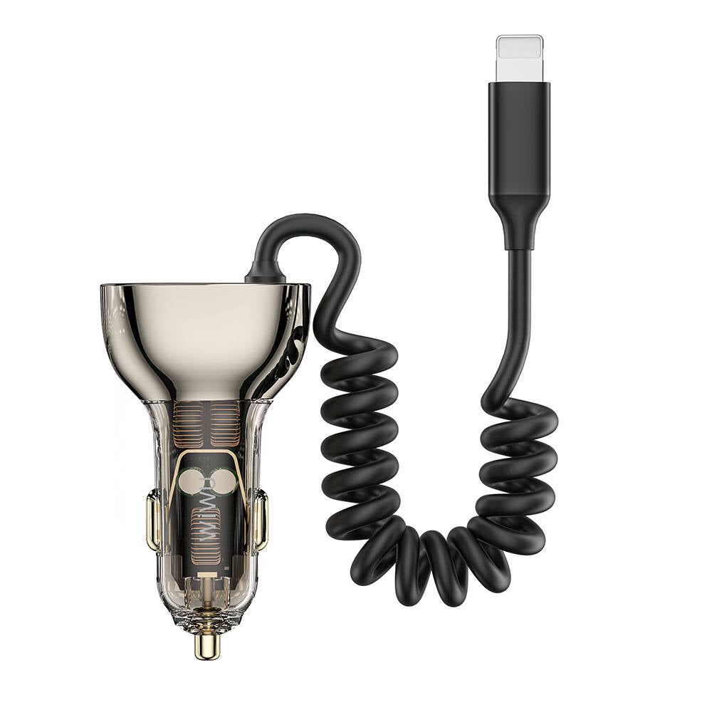 Wiwu Wi-QC019 Geek Serisi Type-C + Lightning Kablolu + USB-A Hızlı Şarj Özellikli Transparan Tasarımlı Araç Şarj Aleti 90W Siyah