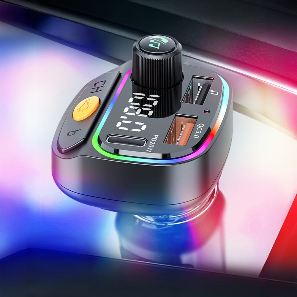 Wiwu Wi-QC031 RGB Bluetooth Transmitter MP3 Type-C ve USB-A Araç Şarjı Siyah