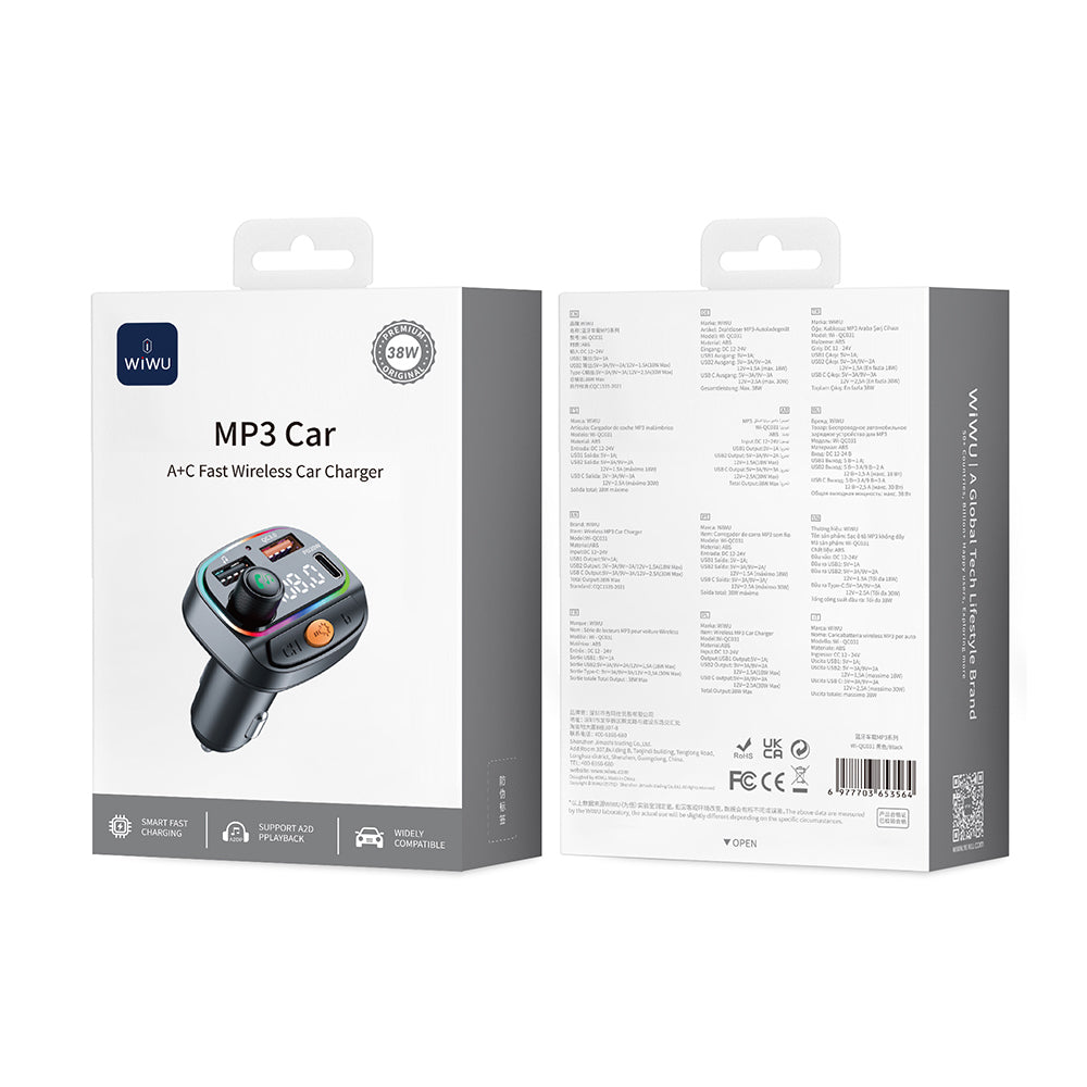 Wiwu Wi-QC031 RGB Bluetooth Transmitter MP3 Type-C ve USB-A Araç Şarjı Siyah