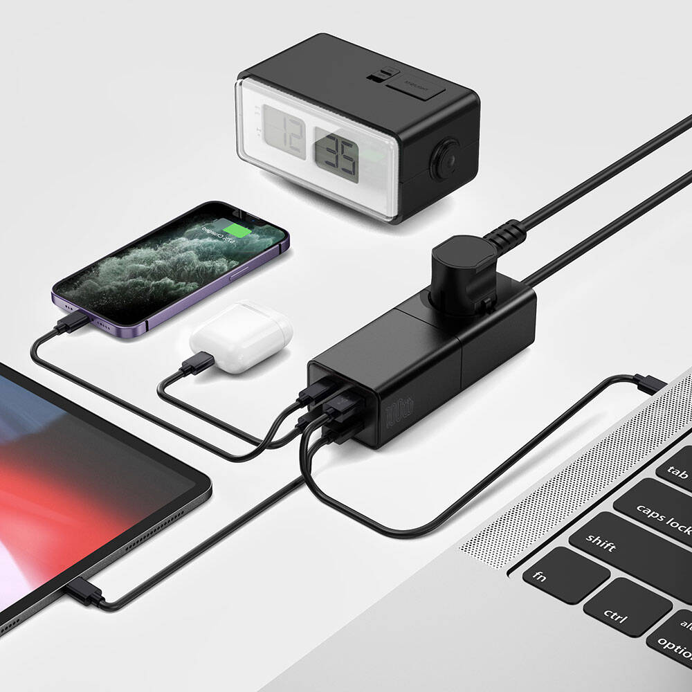 Wiwu Wi-S004 GaN Tech Çift Type-C ve Çift USB-A Girişli Priz 100W 150cm Siyah