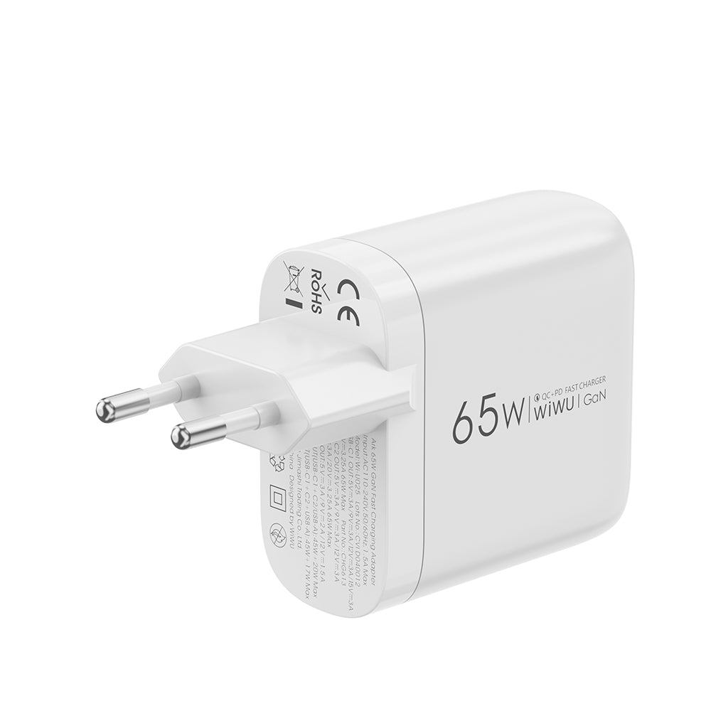Wiwu Wi-U024 EU Serisi Dual Type-C PD & USB-A GaN Teknolojili Hızlı Şarj Başlığı 65W Beyaz