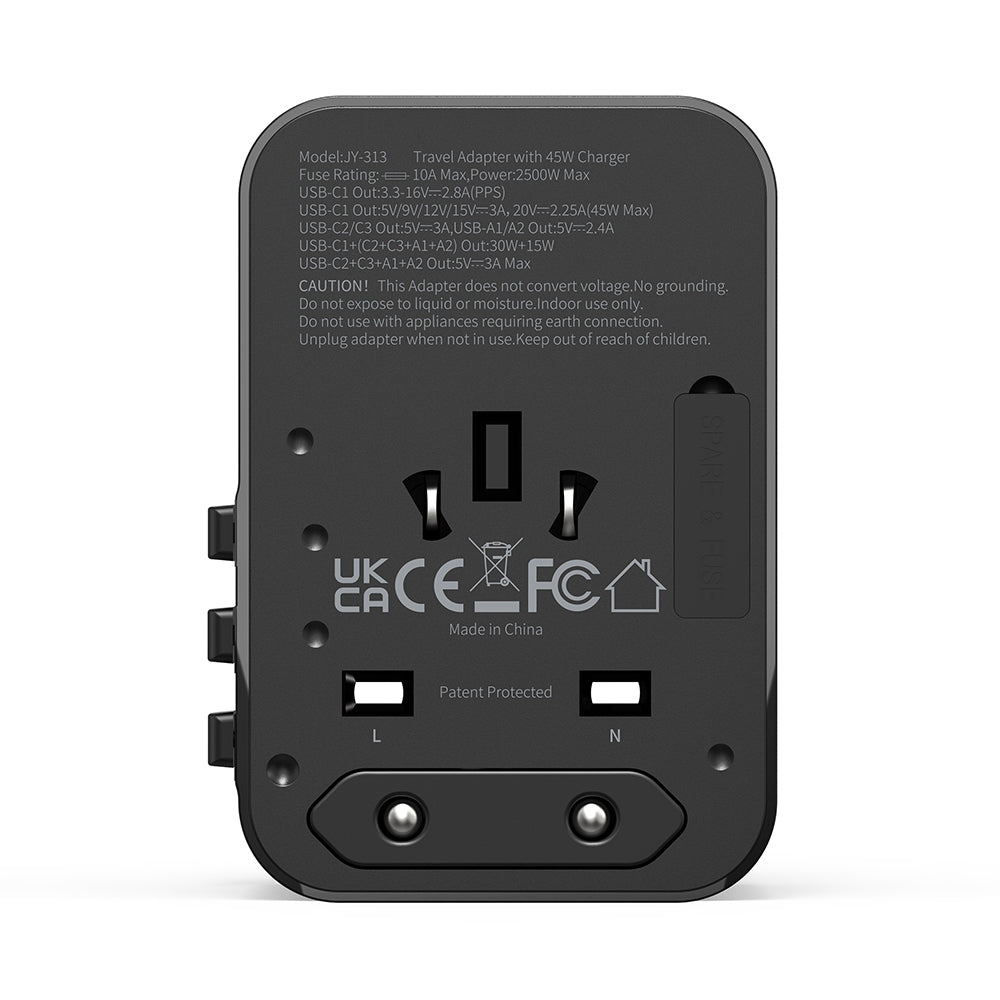 Wiwu Wi-UA006 Çoklu Universal TR/US/UK/AUS/EU Uyumlu Seyahat Şarj Adaptörü 45W Siyah