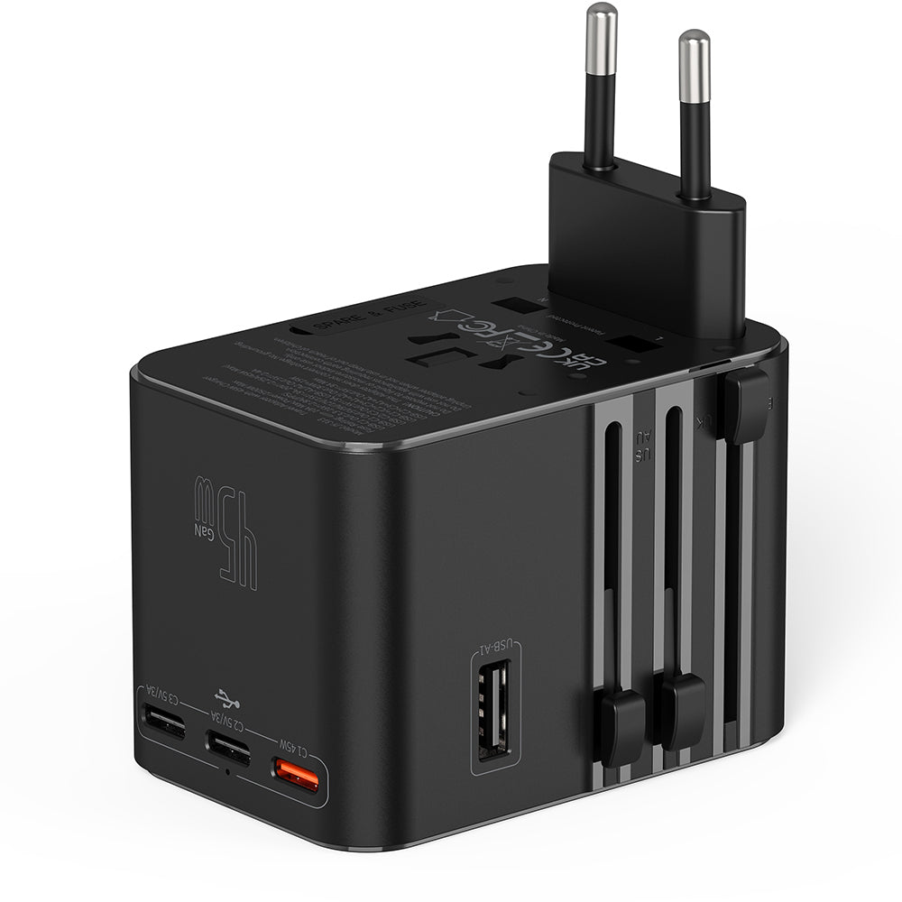 Wiwu Wi-UA006 Çoklu Universal TR/US/UK/AUS/EU Uyumlu Seyahat Şarj Adaptörü 45W Siyah