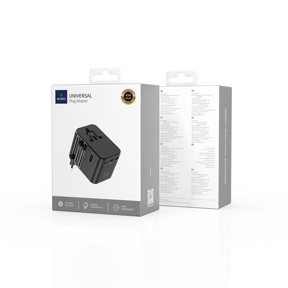 Wiwu Wi-UA006 Çoklu Universal TR/US/UK/AUS/EU Uyumlu Seyahat Şarj Adaptörü 45W Siyah