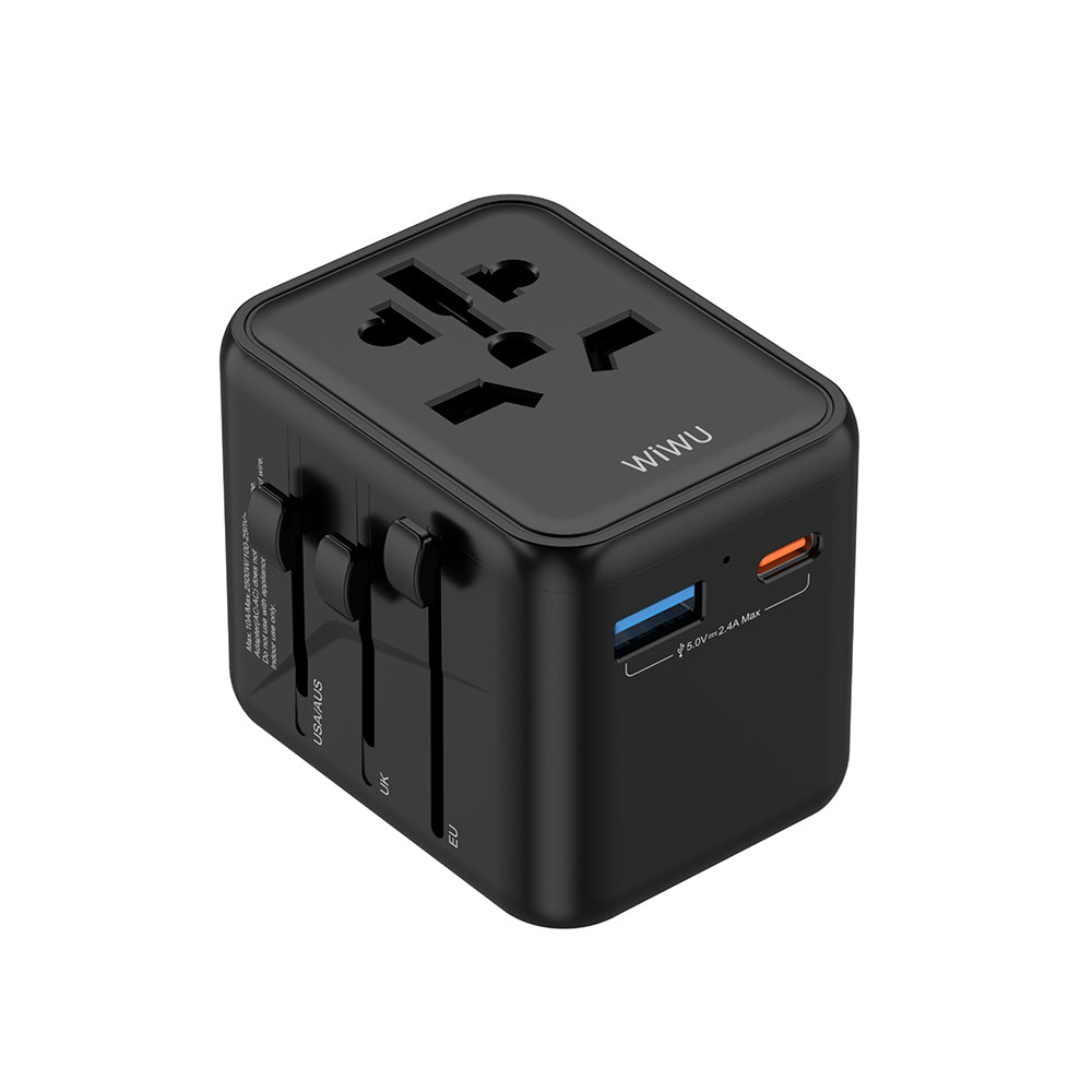 Wiwu Wi-UA012 Çoklu Universal TR/US/UK/AUS/EU Uyumlu Seyahat Şarj Adaptörü 12W Siyah