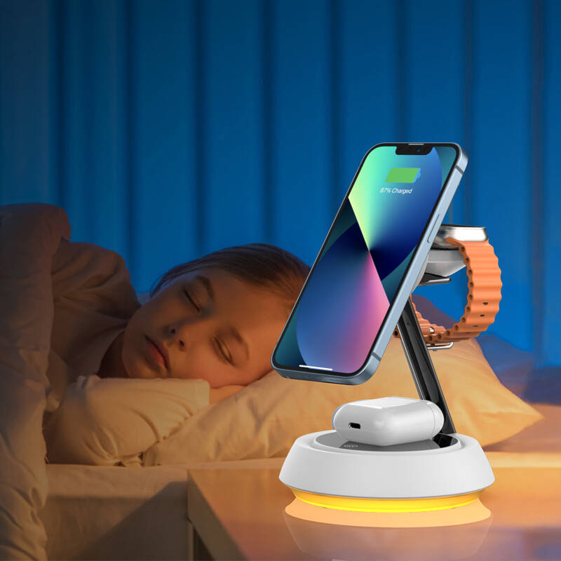 Wiwu Wi-W002 3in1 Hızlı Şarj Özellikli Magnetik Kablosuz Şarj Standı Beyaz