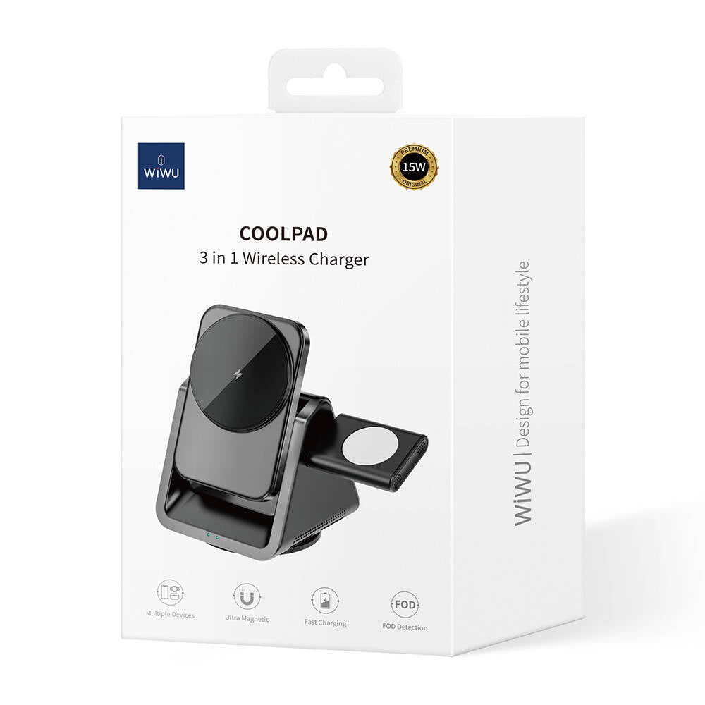 Wiwu Wi-W018 Coolpad Serisi Telefon ve Akıllı Saat İçin 15W 3in1 Kablosuz Şarj Standı Siyah