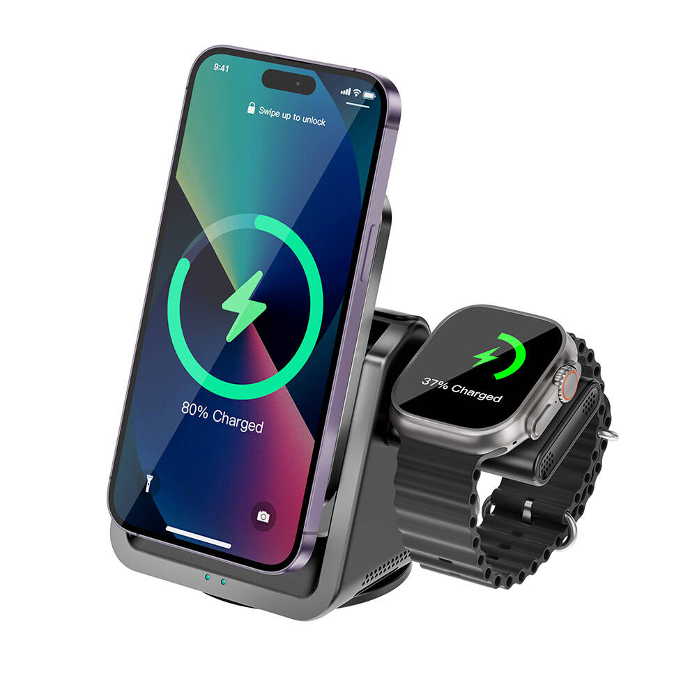Wiwu Wi-W018 Coolpad Serisi Telefon ve Akıllı Saat İçin 15W 3in1 Kablosuz Şarj Standı Siyah