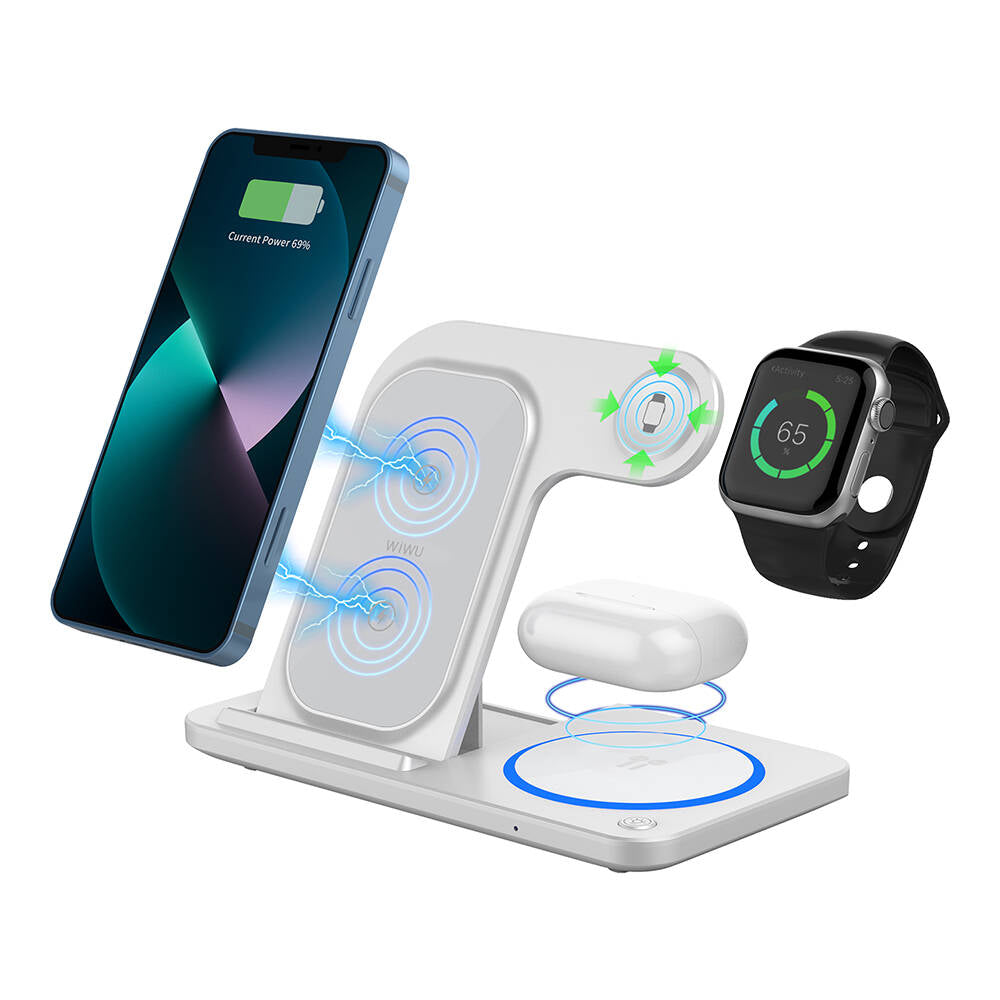 Wiwu Wi-W020 3in1 Katlanabilir Hızlı Şarj Özellikli Magnetik Kablosuz Şarj Standı Beyaz