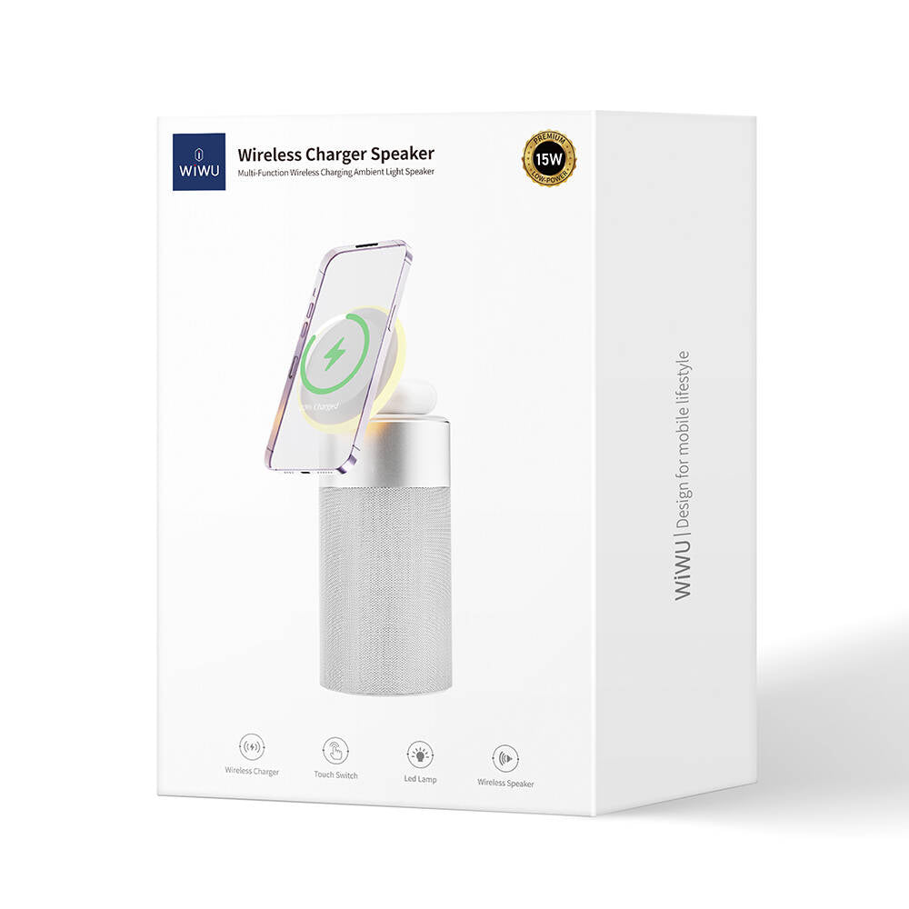 Wiwu Wi-W022 Kablosuz Şarj Standlı Ambiyans Işıklı Bluetooth Speaker Hoparlör Gümüş