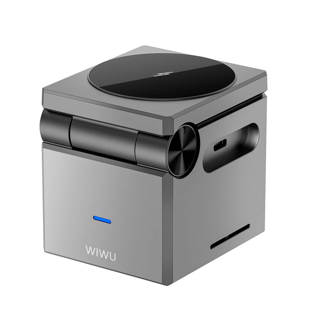 Wiwu Wi-W030 Small Square Küp Tasarımlı Telefon & Akıllı Saat & Kulaklık İçin 15W 3in1 Kablosuz Şarj Standı Gri