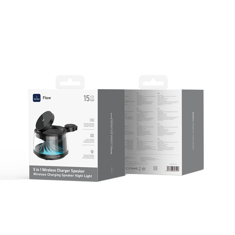 Wiwu Wi-W039 5in1 Kablosuz Şarj Standı Ambiyans Işıklı Bluetooth Speaker Hoparlör Özellikli 15W Siyah