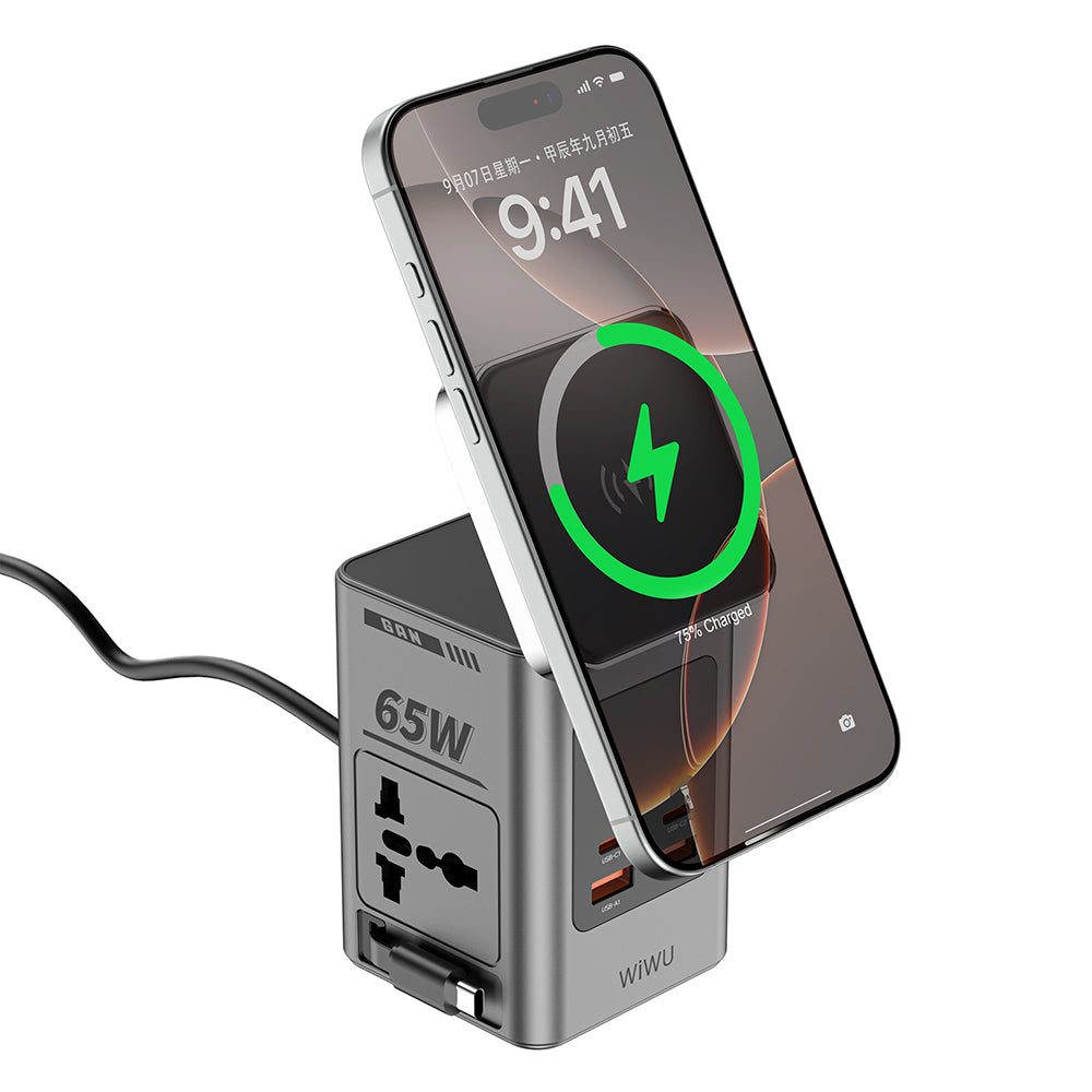 Wiwu Wi-W040 Telefon & Akıllı Saat & Kulaklık İçin GaN 65W 8in1 Şarj İstasyonu Gri