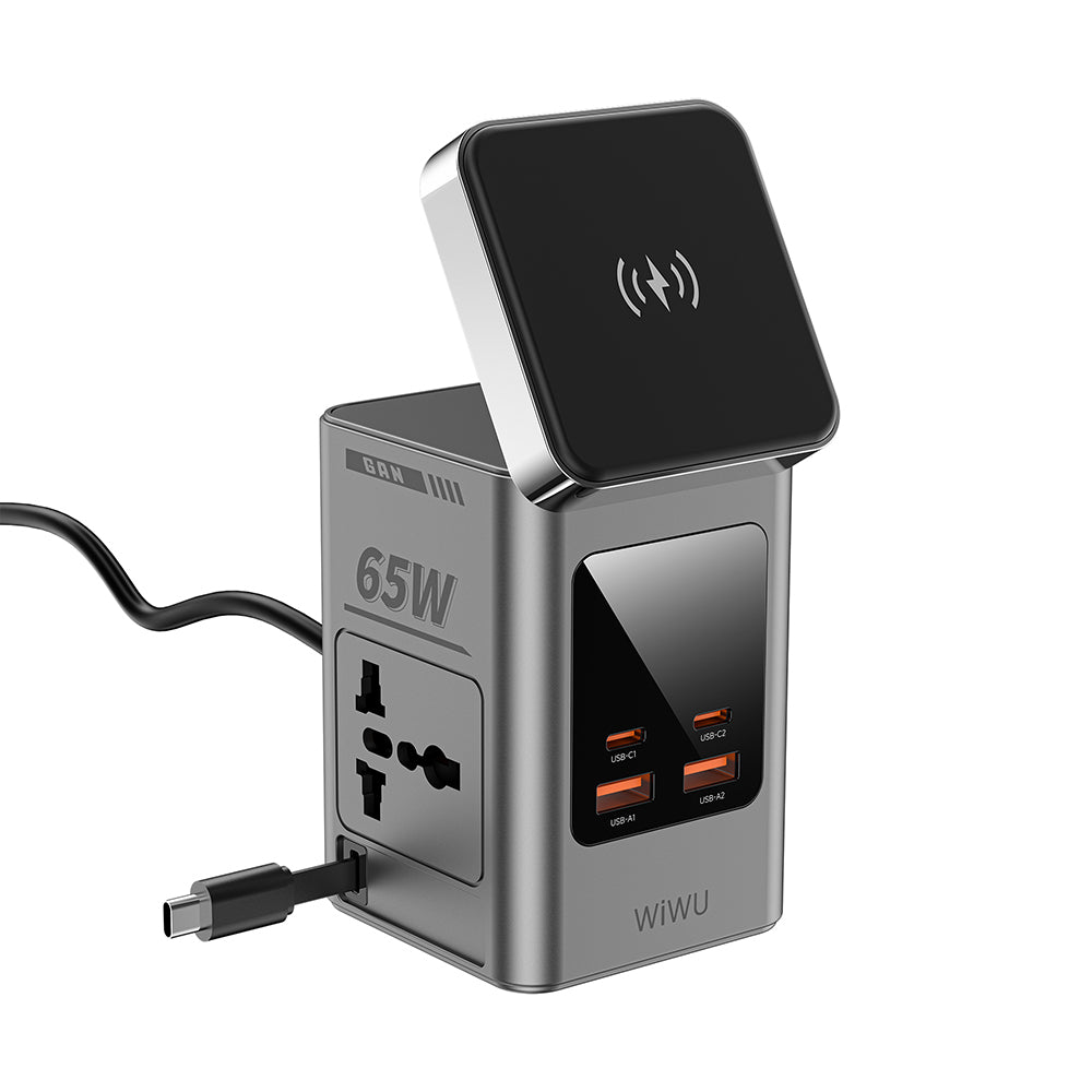Wiwu Wi-W040 Telefon & Akıllı Saat & Kulaklık İçin GaN 65W 8in1 Şarj İstasyonu Gri