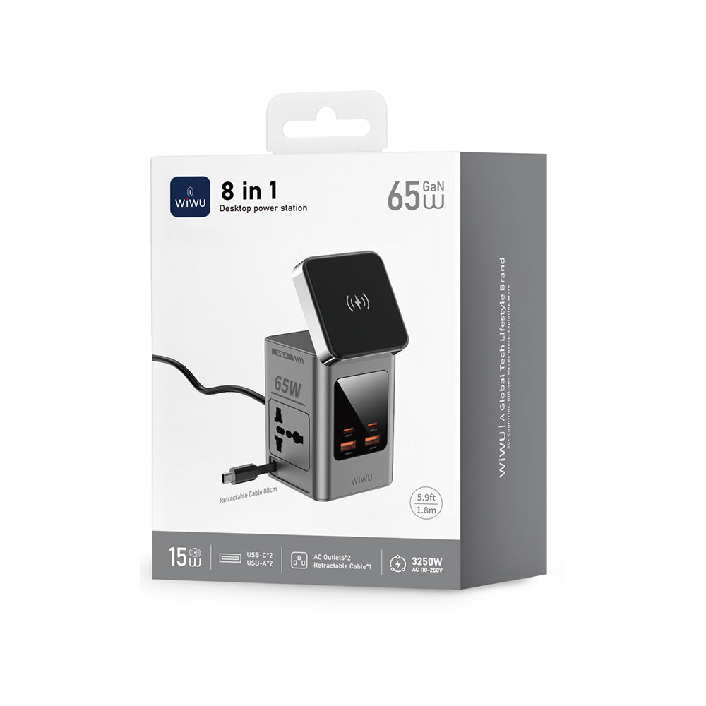 Wiwu Wi-W040 Telefon & Akıllı Saat & Kulaklık İçin GaN 65W 8in1 Şarj İstasyonu Gri
