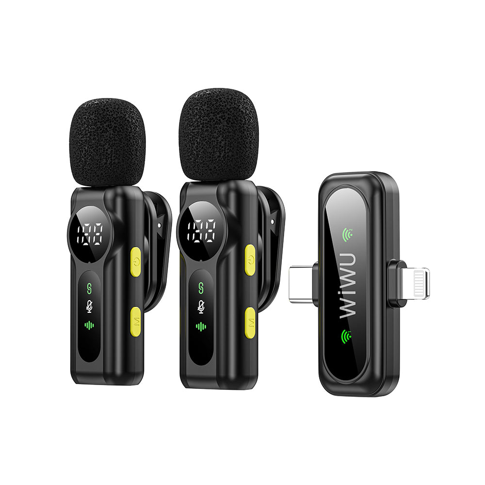 Wiwu Wi-WM007 2in1 Type-C ve Lightning Portlu ANC Özellikli Kablosuz Yaka Mikrofonu Siyah
