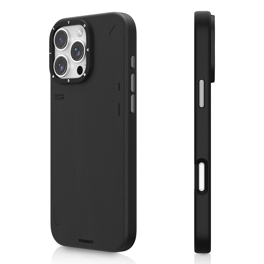 YOUNGKIT iPhone 16 Pro Max Magsafe Şarj Özellikli Basit Mat Deri Desenli Tech Fashion Serisi Siyah Kılıf