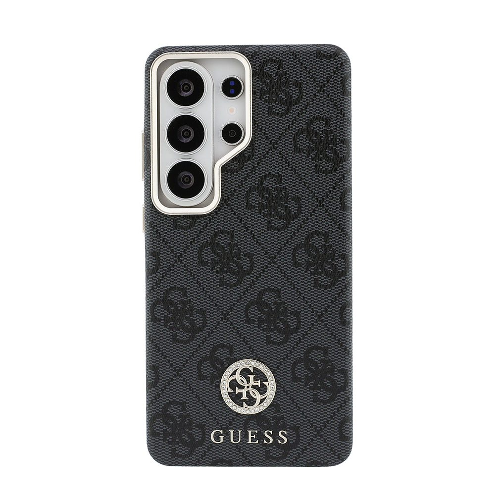 Galaxy S26 Ultra Kılıf Guess Orjinal Lisanslı M-safe Şarj Özellikli Gold Metal Kamera Çerçeveli Taşlı 4G Logolu Kapak Siyah