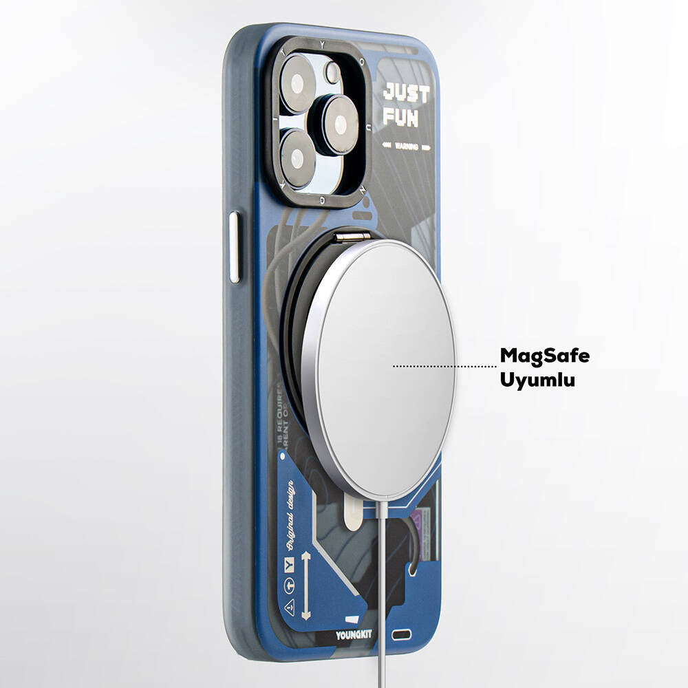 YOUNGKIT iPhone 15 Pro Magsafe Şarj Özellikli 360° Standlı Starship Serisi Mavi Kılıf