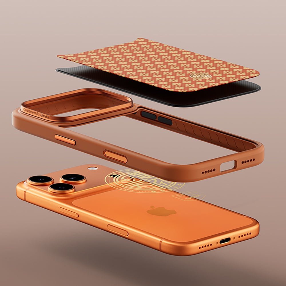 Apple iPhone 17 Pro Max Kılıf M-Safe Şarj Özellikli Benks ArmorPro ArmorGrid Serisi Kevlar Kapak Açık Turuncu