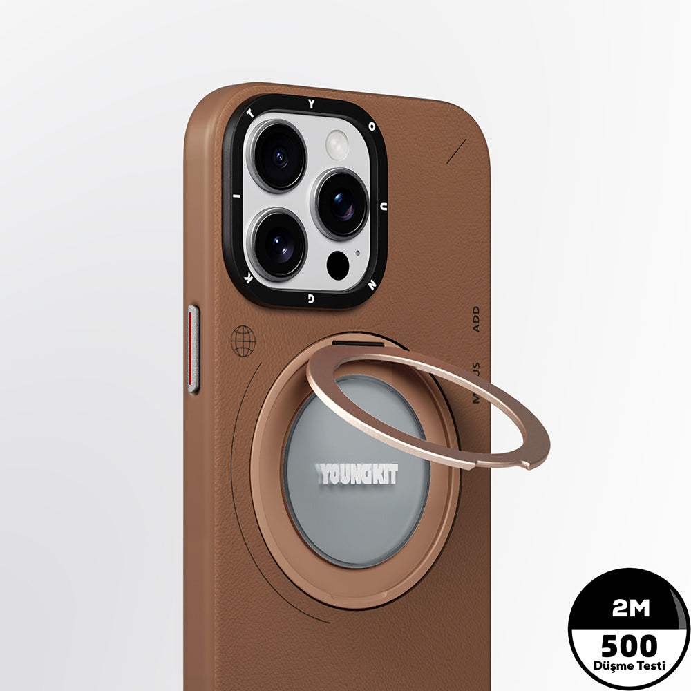 YOUNGKİT iPhone 15 Pro Magsafe Uyumlu 360° Standlı Tech Leather Kahverengi Kılıf