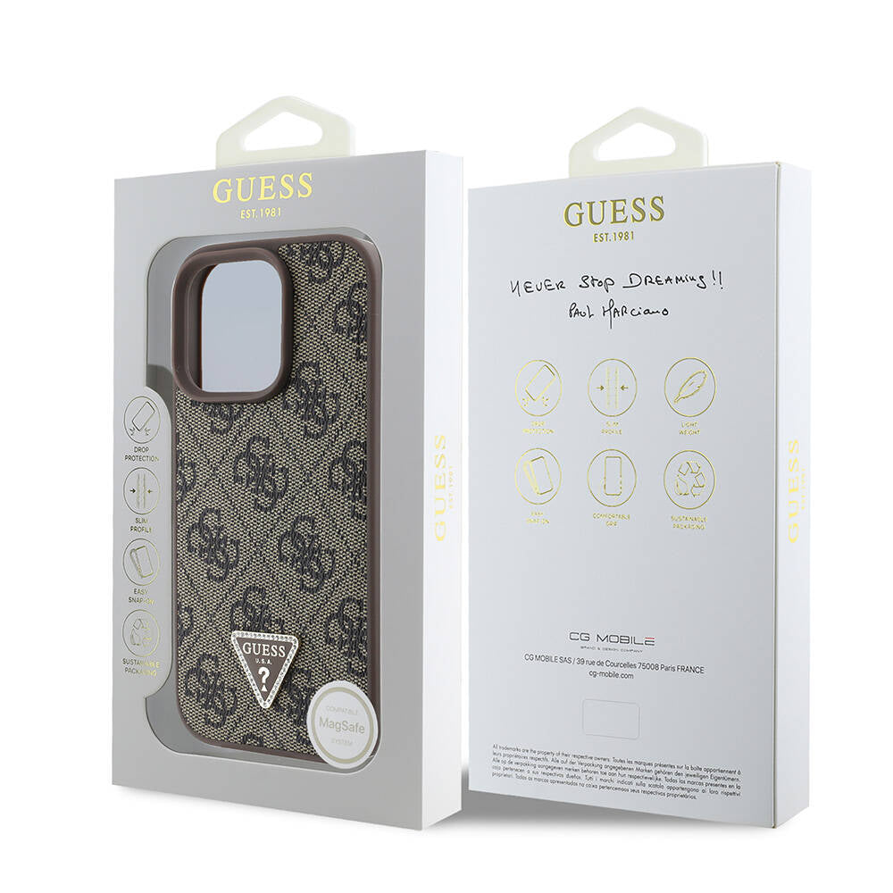 GUESS iPhone 16 Pro Max Orjinal Lisanslı Magsafe Şarj Özellikli PU Deri 4G Desenli Taşlı Üçgen Logolu Kahverengi Kılıf