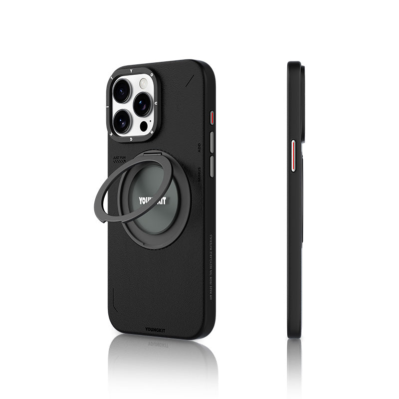 YOUNGKİT iPhone 15 Pro Magsafe Uyumlu 360° Standlı Tech Leather Siyah Kılıf