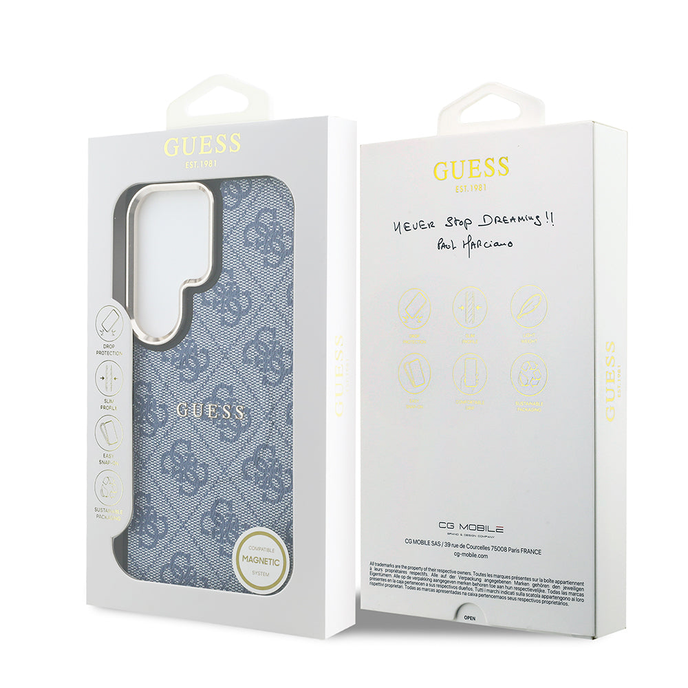 Galaxy S26 Ultra Kılıf Guess Orjinal Lisanslı M-safe Şarj Özellikli Metal Kamera Çerçeveli PU Deri 4G Desenli Yazı Logolu Kapak Mavi