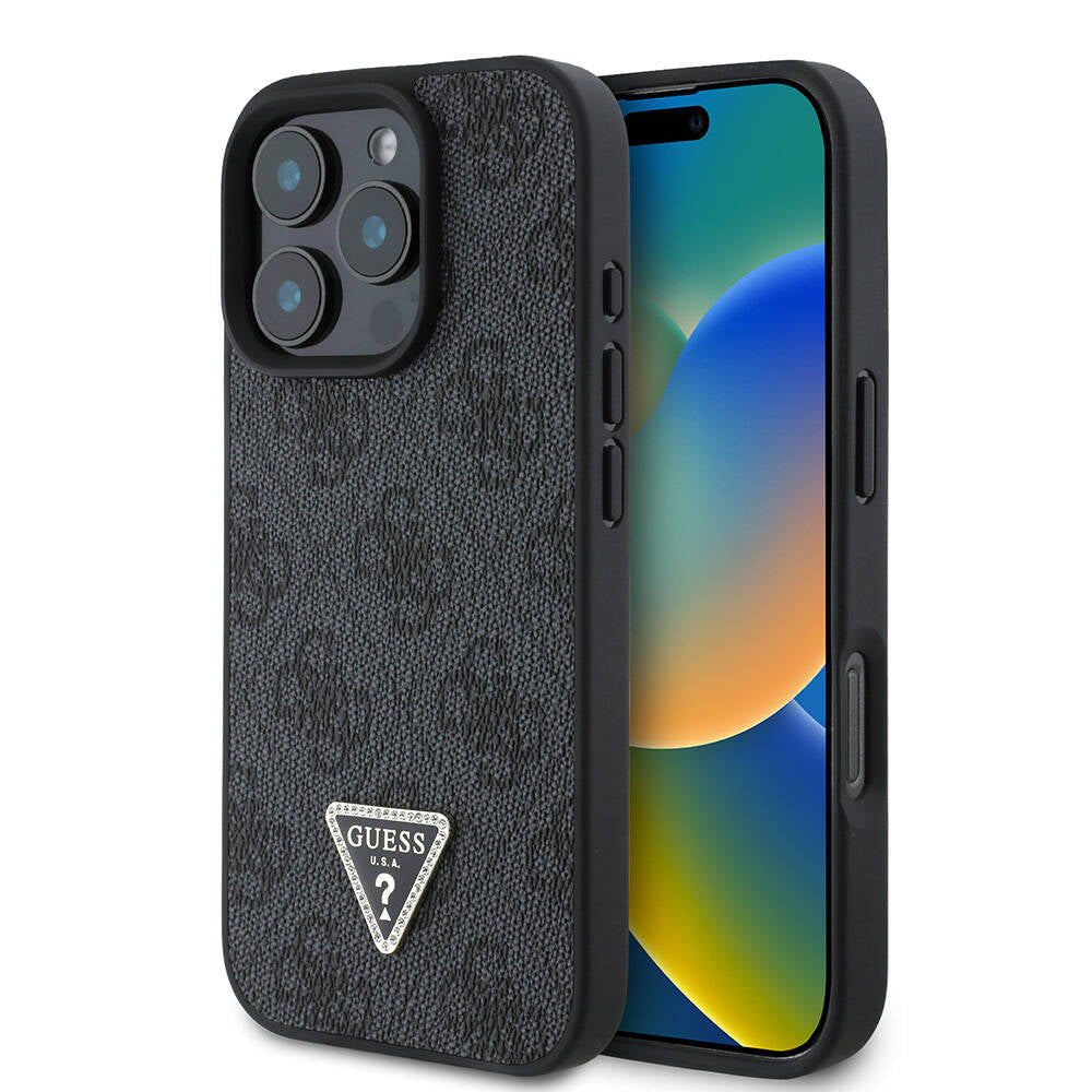 GUESS iPhone 16 Pro Orjinal Lisanslı Magsafe Şarj Özellikli PU Deri 4G Desenli Taşlı Üçgen Logolu Siyah Kılıf