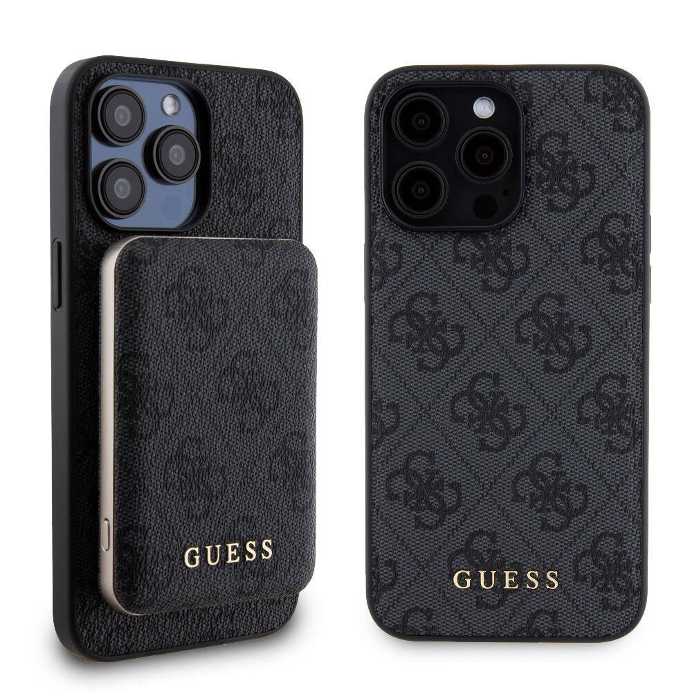Guess Orjinal Lisanslı Magsafe Şarj Özellikli Yazı Logolu 4G Desenli Siyah Kapak +  Siyah Powerbank 5000mAh 2in1 Set - enzaksesuar