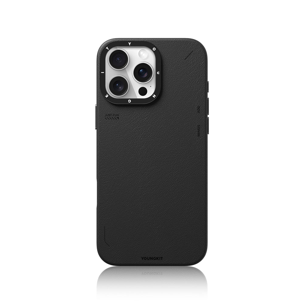 YOUNGKIT iPhone 16 Pro Max Magsafe Şarj Özellikli Basit Mat Deri Desenli Tech Fashion Serisi Siyah Kılıf