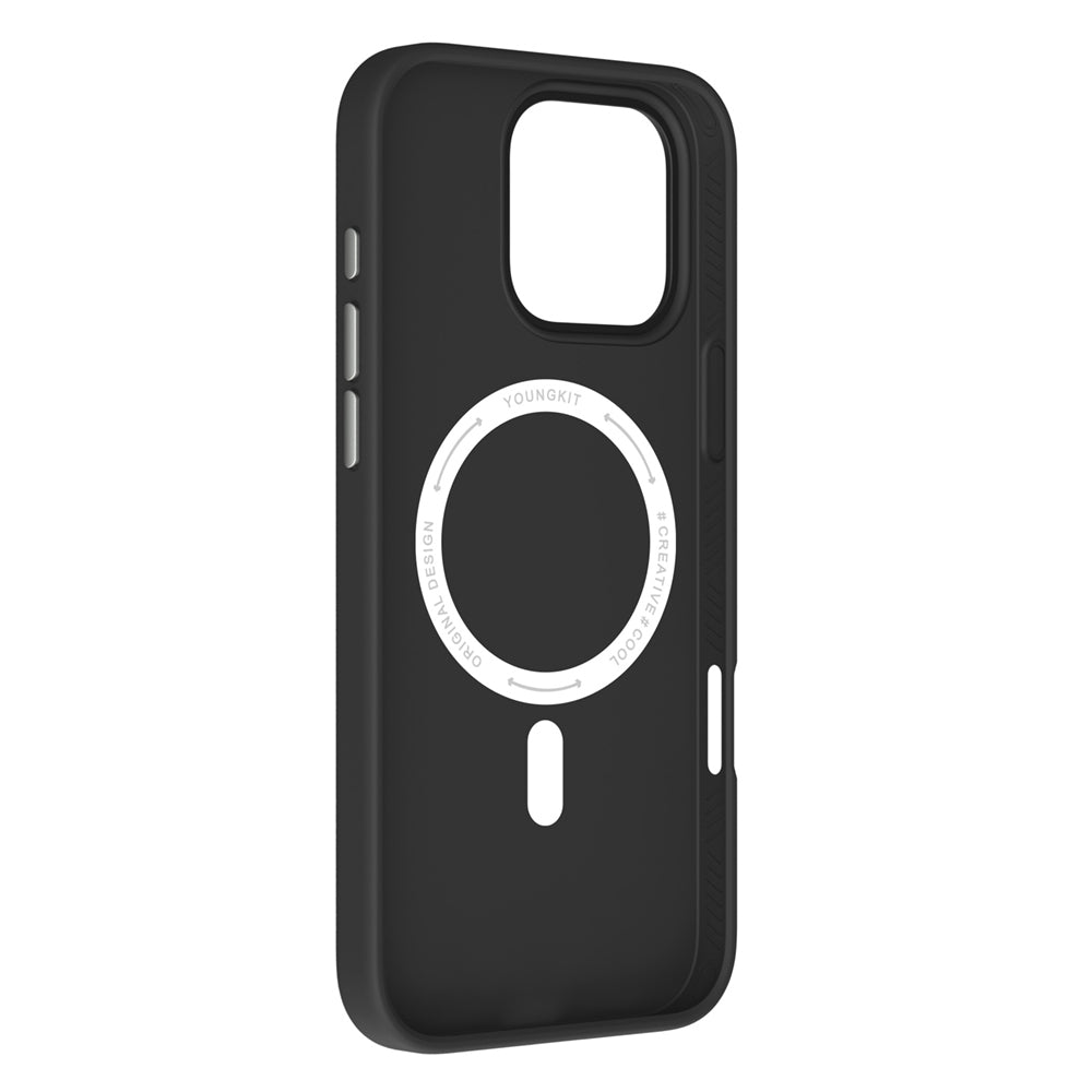 YOUNGKIT iPhone 16 Pro Max Magsafe Şarj Özellikli Basit Mat Deri Desenli Tech Fashion Serisi Siyah Kılıf