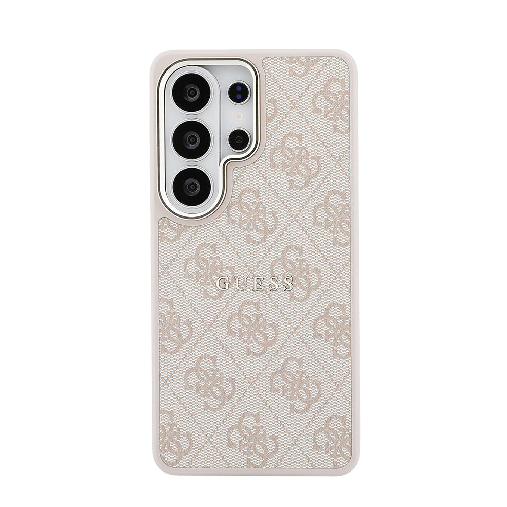 Galaxy S26 Ultra Kılıf Guess Orjinal Lisanslı M-safe Şarj Özellikli Metal Kamera Çerçeveli PU Deri 4G Desenli Yazı Logolu Kapak Pembe
