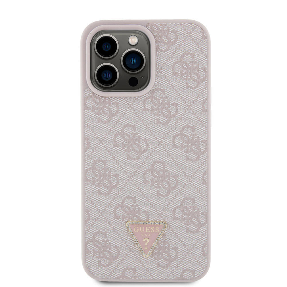 Guess Orjinal Lisanslı PU Deri Taşlı Üçgen Logo 4G Desenli Strass Pembe Kapak - enzaksesuar