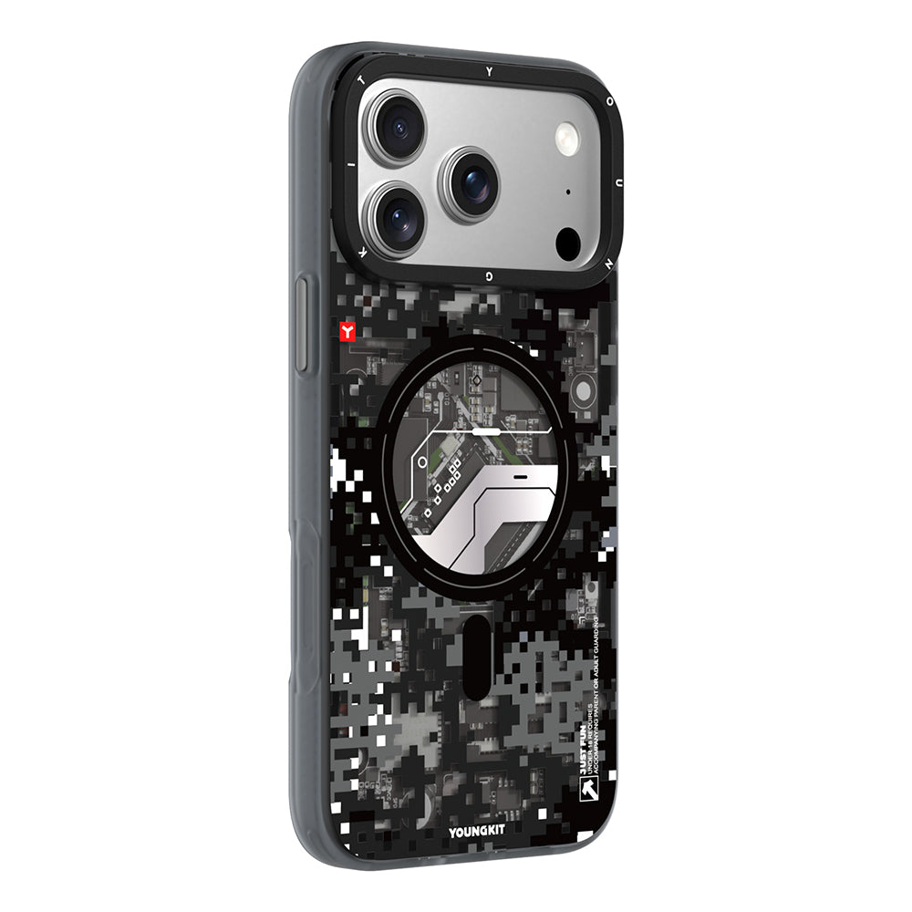Apple iPhone 17 Pro Kılıf M-Safe Şarj Özellikli Youngkit Camouflage Sykell Serisi Kapak Siyah