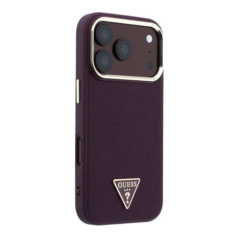 Apple iPhone 18 Pro Kılıf Guess Orjinal Lisanslı M-safe Şarj Özellikli Grained Triangle Kapak Bordo