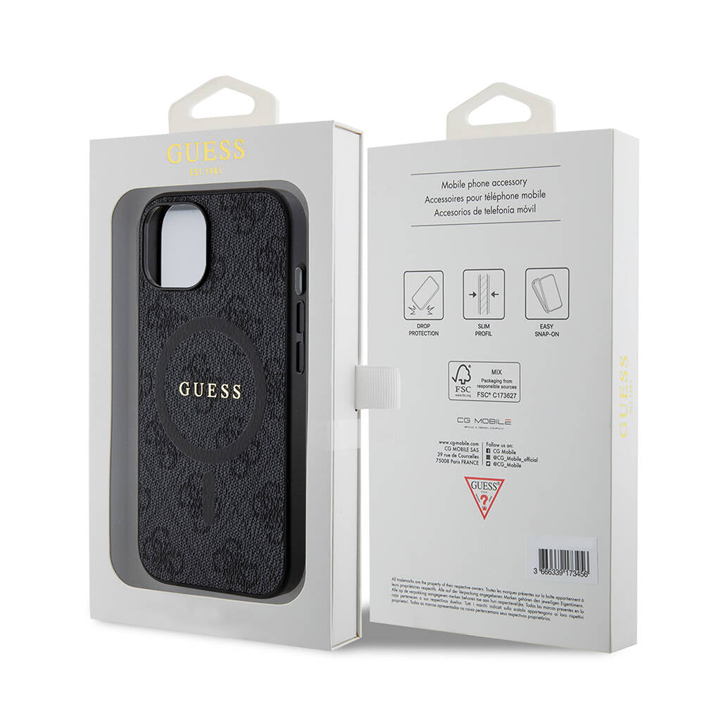 GUESS iPhone 14 Orjinal Lisanslı Magsafe Şarj Özellikli 4G Desenli Yazı Logolu Siyah Kılıf