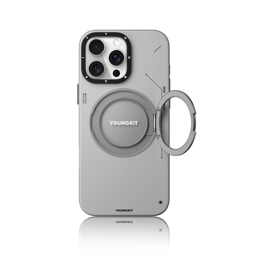YOUNGKİT iPhone 16 Pro Magsafe Uyumlu 360° Standlı Tech Leather Gri Kılıf