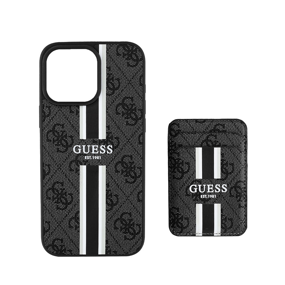 GUESS iPhone 16 Pro Max Orjinal Lisanslı Magsafe Şarj Özellikli 4G Desenli Çizgili Kartlıklı Siyah Kılıf