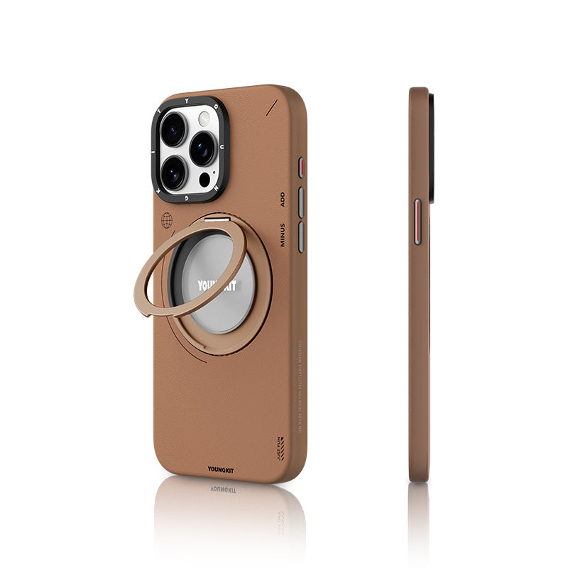 YOUNGKİT iPhone 15 Pro Magsafe Uyumlu 360° Standlı Tech Leather Kahverengi Kılıf