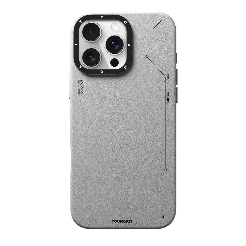 YOUNGKIT iPhone 16 Pro Max Magsafe Şarj Özellikli Basit Mat Deri Desenli Tech Fashion Serisi Gri Kılıf